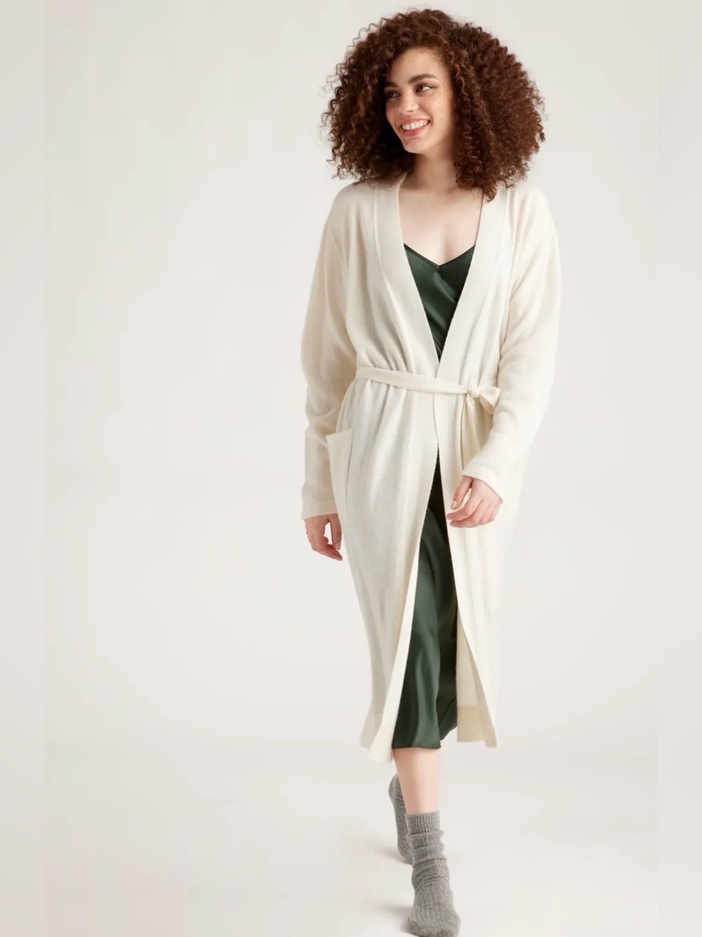 Womens Quince 100% Cashmere Duster Robe Cardigan Ivory Cream Medium Long Open